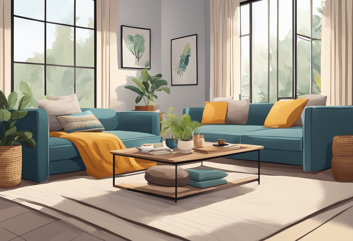 A cozy living room with a large floor pillow and a low coffee table. A soft rug and a few cushions create a relaxed seating area