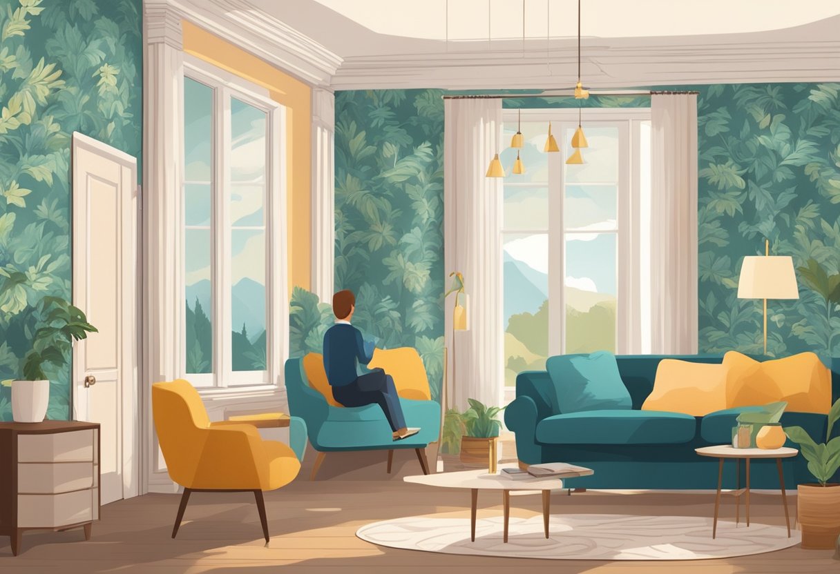 A person selects the perfect shade of wallpaper for the living room, contemplating the best color for the space