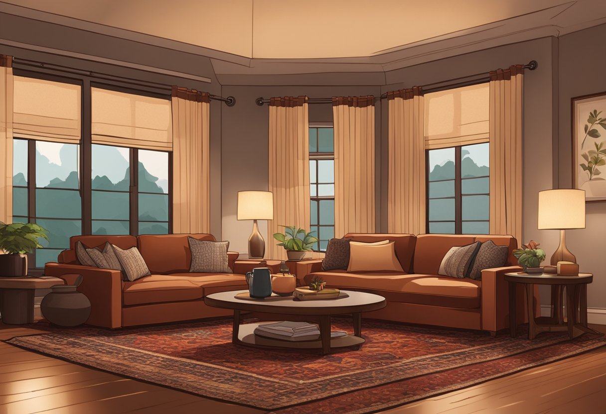 A cozy living room with warm, earthy tones. A large, comfortable sofa sits in the center, surrounded by plush rugs and soft, inviting lighting. Rich, deep red and brown accents add a touch of sophistication to the space