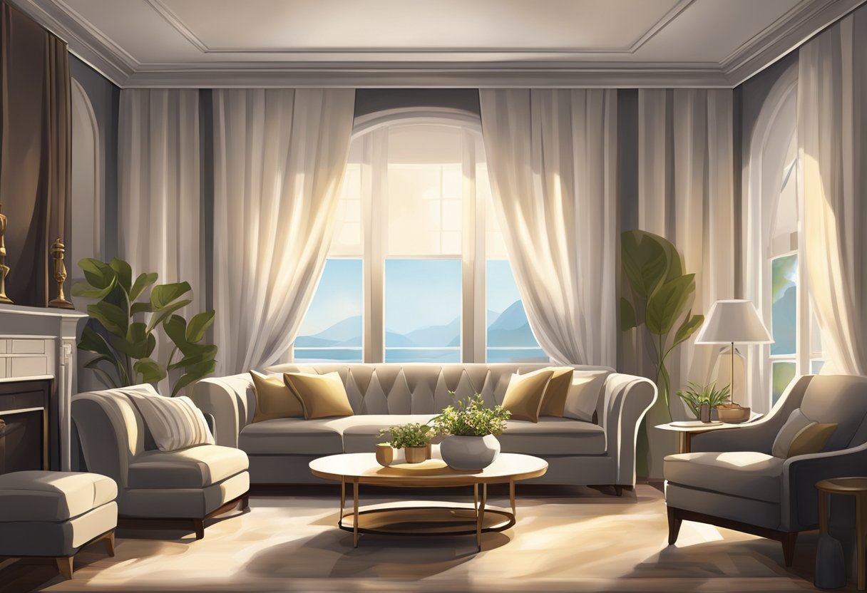 A cozy living room with sunlight streaming through sheer white curtains, casting a soft glow on the furniture. Rich, dark curtains frame the windows, adding a touch of elegance to the room