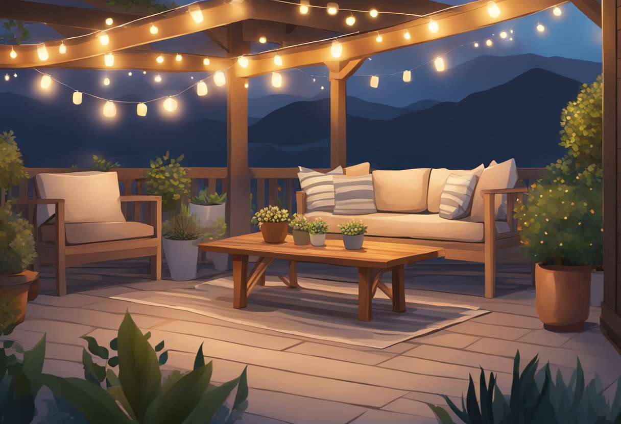 A cozy outdoor space with string lights, potted plants, and comfortable seating. A small table is set with candles and a vase of flowers, creating a warm and inviting atmosphere