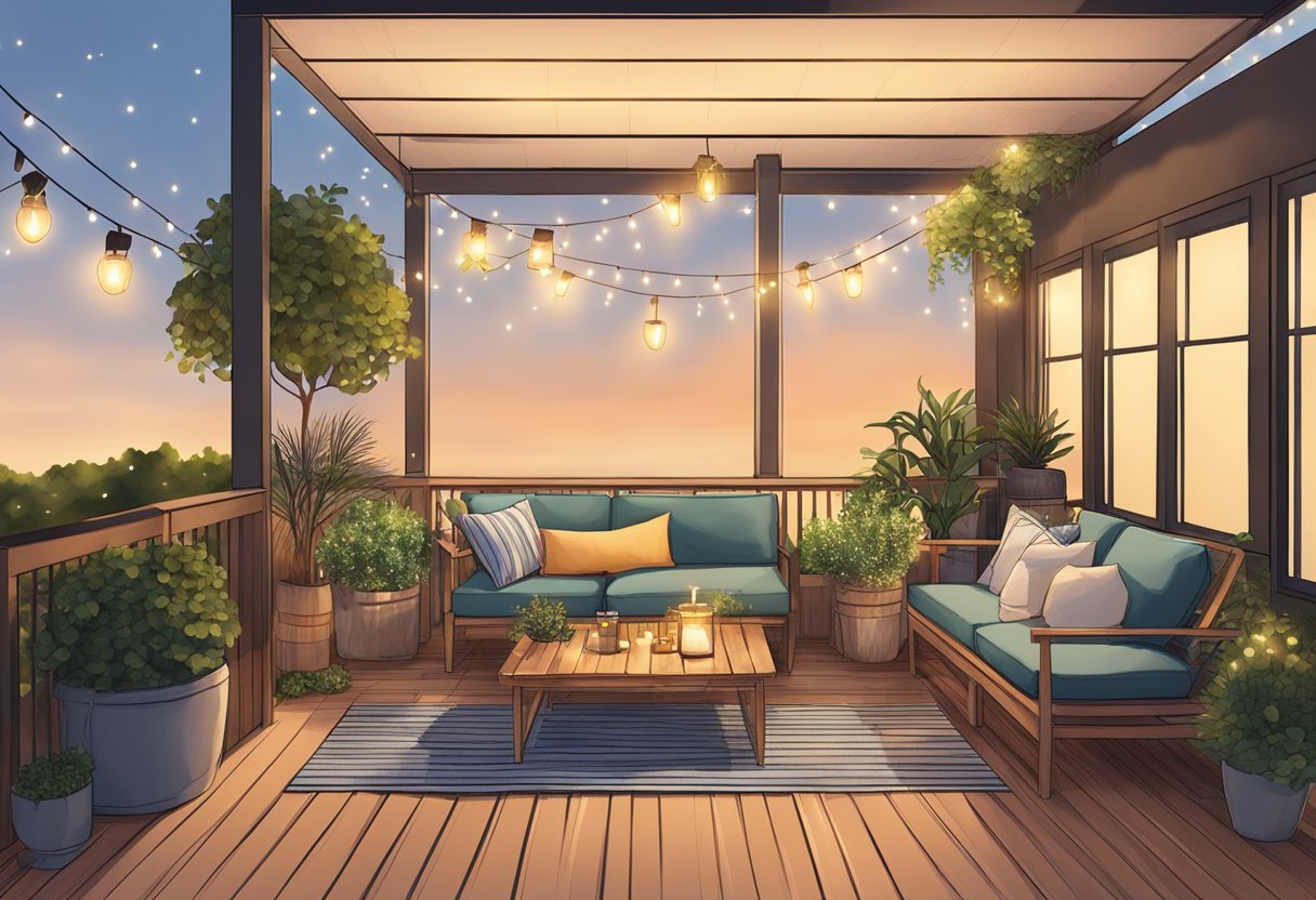 A cozy outdoor space with versatile decor options for different occasions. Plants, comfortable seating, and string lights create a welcoming atmosphere on the deck