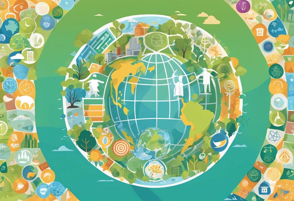 A globe surrounded by diverse sustainable development icons and symbols, representing global goals and Agenda 2030