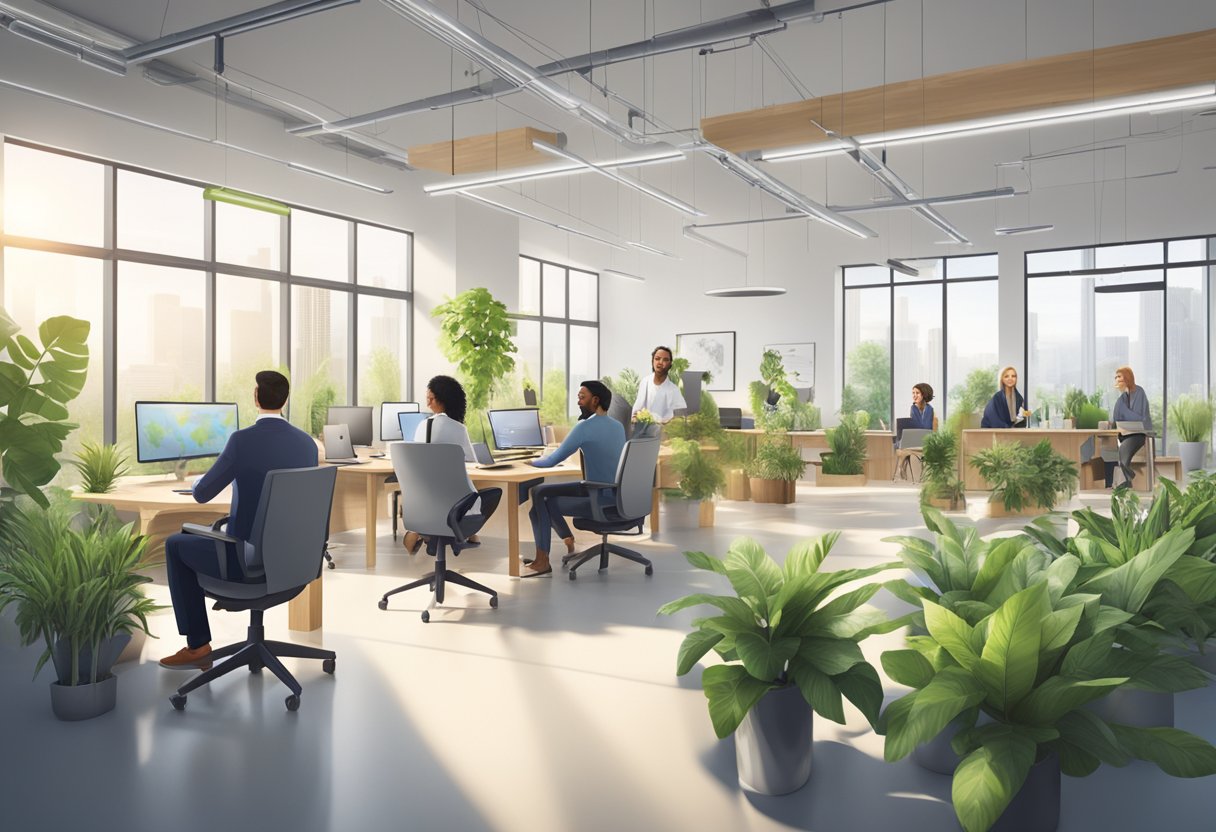 A diverse group of people collaborating on sustainable development solutions in a modern, open office space with green plants and natural light