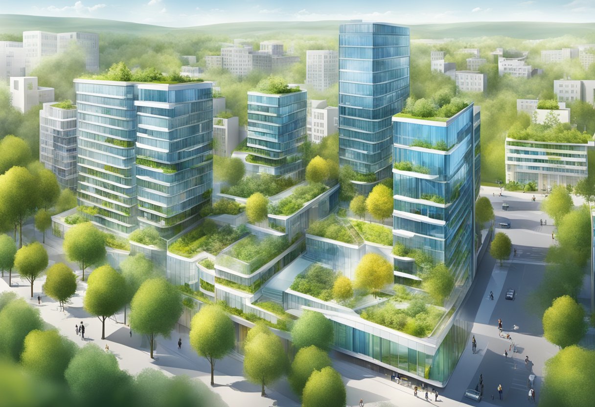 A vibrant cityscape with modern sustainable buildings and green spaces, showcasing the concept of "Aktuell Hållbarhet" in a dynamic and progressive environment