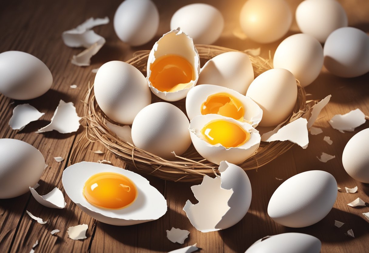 A cracked eggshell lies on a rustic wooden table, surrounded by scattered eggshells and a carton of fresh eggs. Sunlight streams in, casting a warm glow on the scene