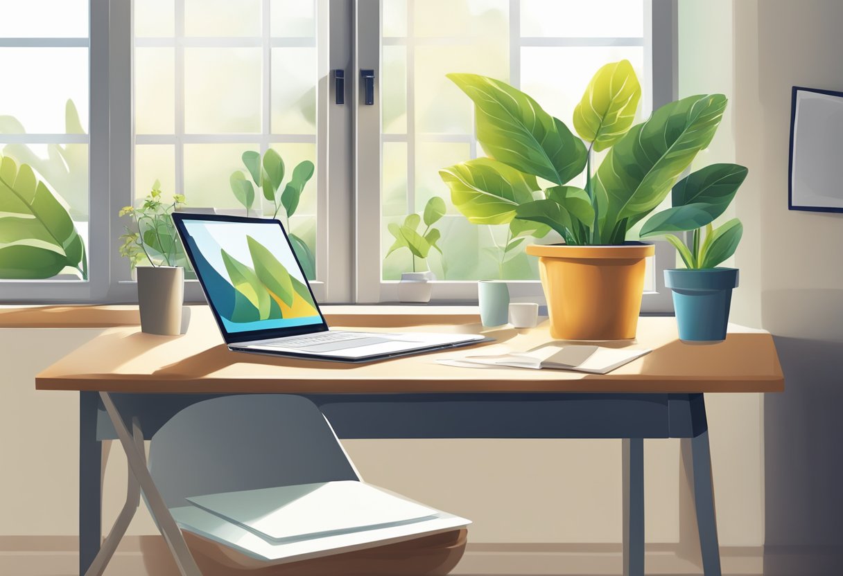 A table with a laptop, papers, and a pen. A plant in a pot sits nearby. A window shows a sunny day outside