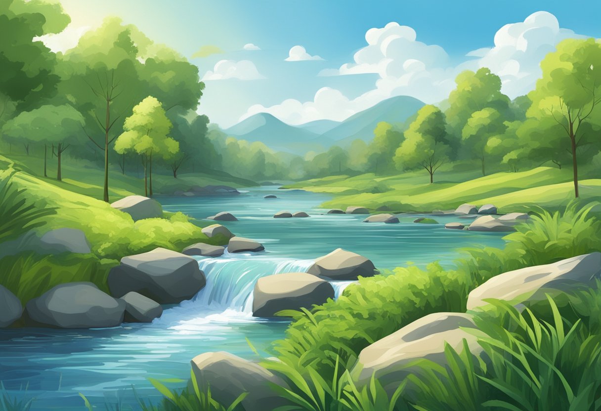 A serene landscape with lush greenery, flowing water, and clear blue skies, symbolizing sustainability and opportunity