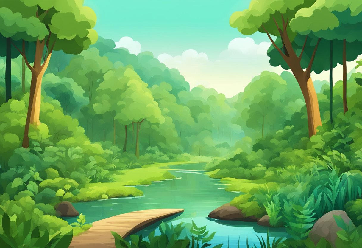 A lush green forest with diverse plant and animal life, clean waterways, and minimal human impact