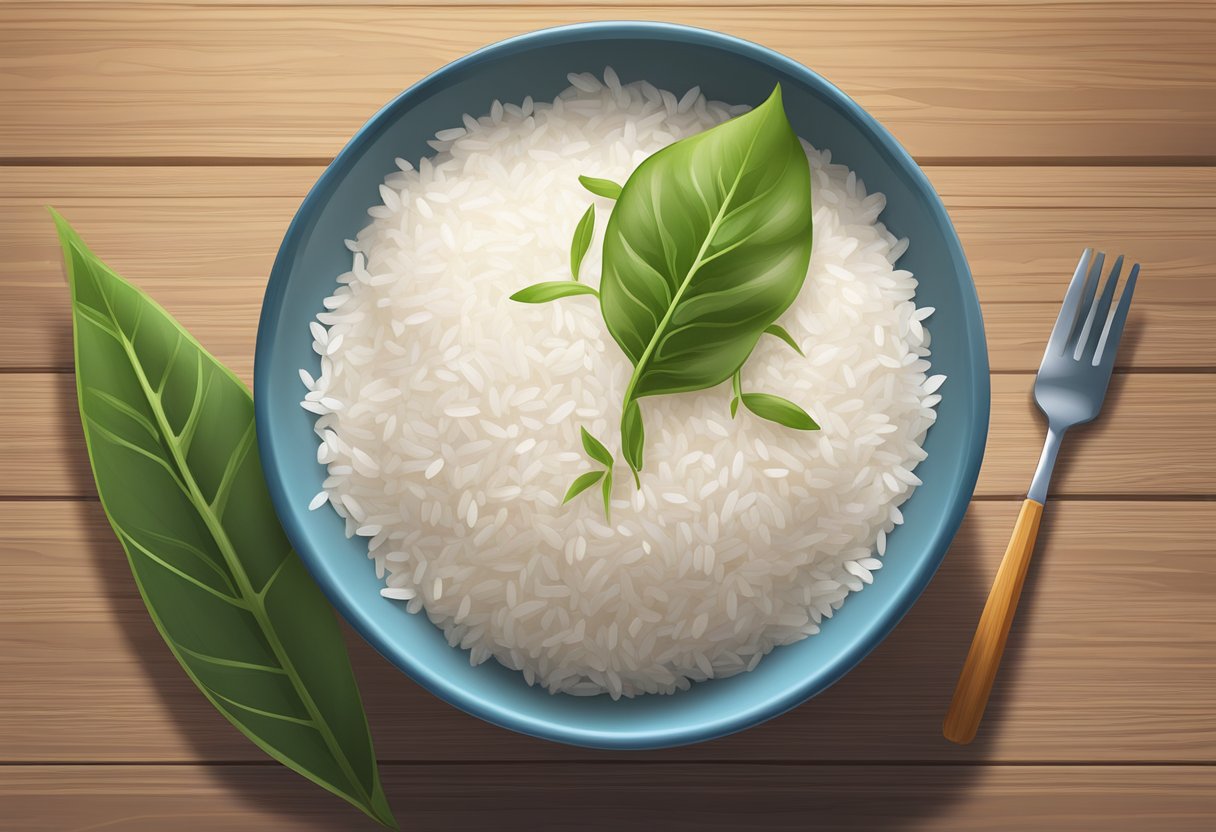 A bowl of cooked rice sits on a wooden table next to a leafy green plant, symbolizing sustainability