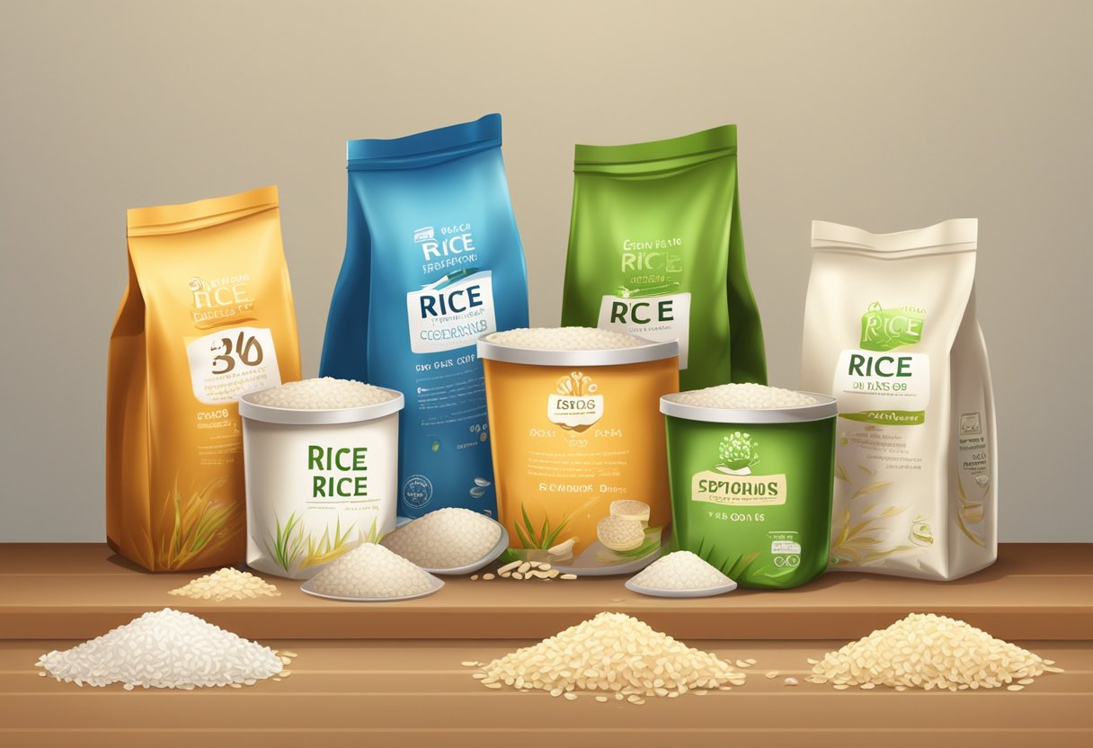 Cooked rice in various containers with labeled expiration dates. Rice grains spilling out of a torn bag. Shelf with rice packages