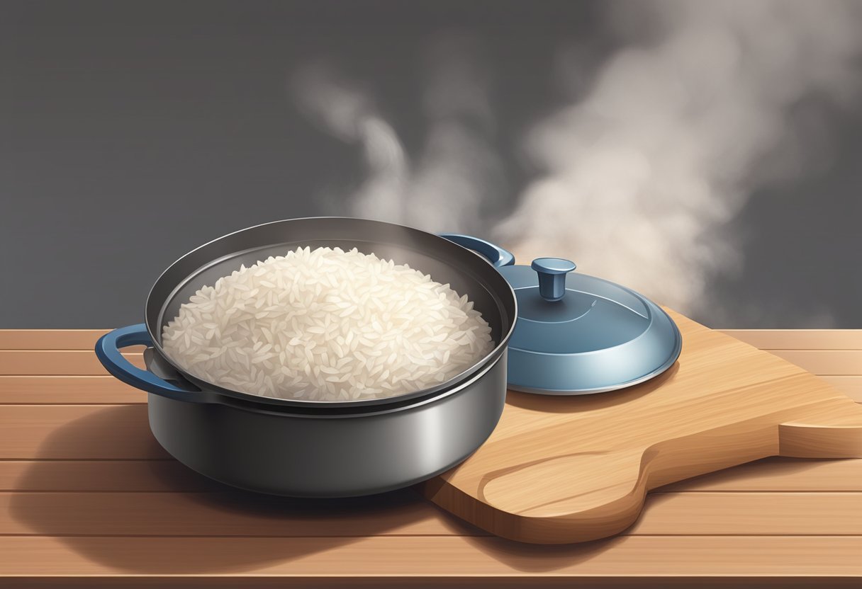 A pot of cooked rice sits on a wooden cutting board with a lid half-open. Steam rises from the rice, and a spoon rests on the side of the pot