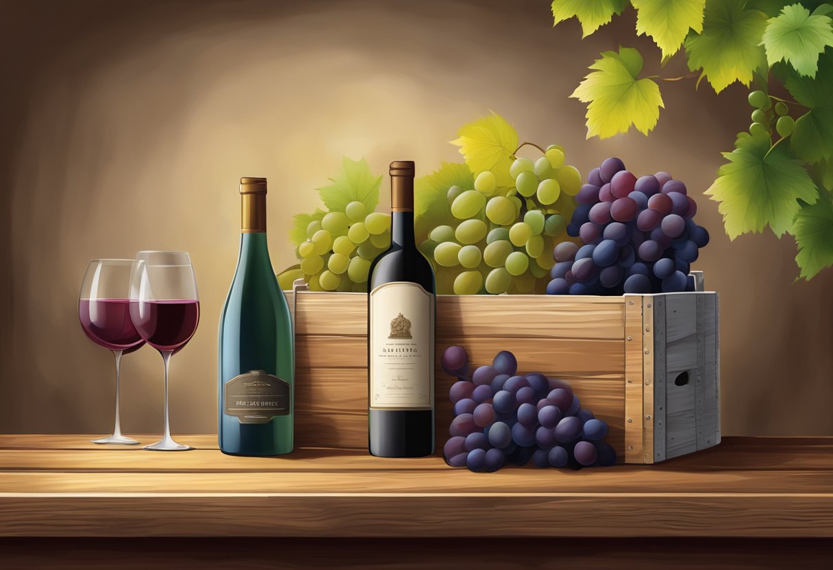 A colorful bag-in-box of wine sits on a rustic wooden shelf, surrounded by grapevines and barrels, evoking a sense of quality and longevity