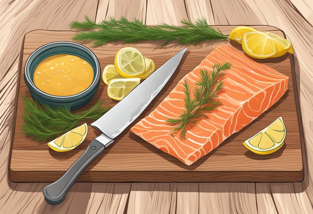 A wooden cutting board with a fillet of gravad lax, surrounded by dill, lemon slices, and a jar of mustard sauce