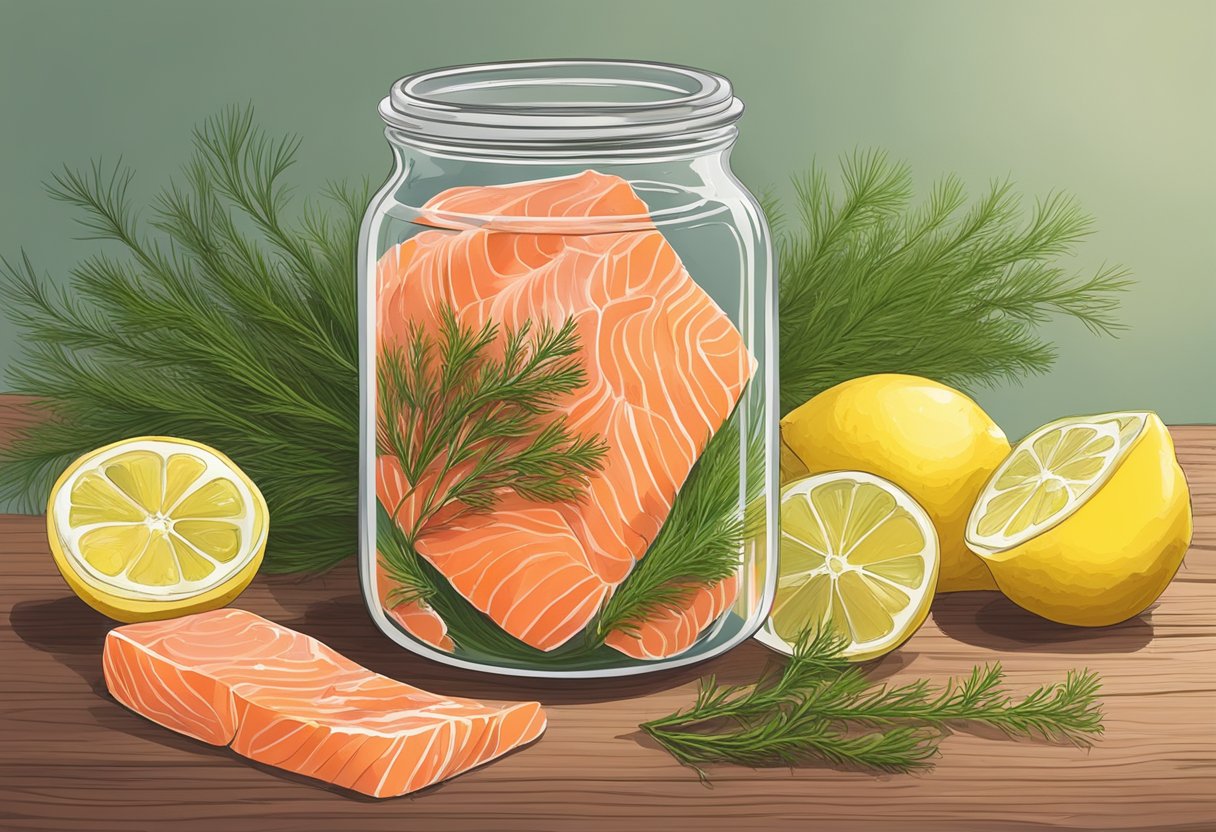 A glass jar of cured salmon sits on a wooden table, surrounded by fresh dill, lemon slices, and a sprinkle of sea salt