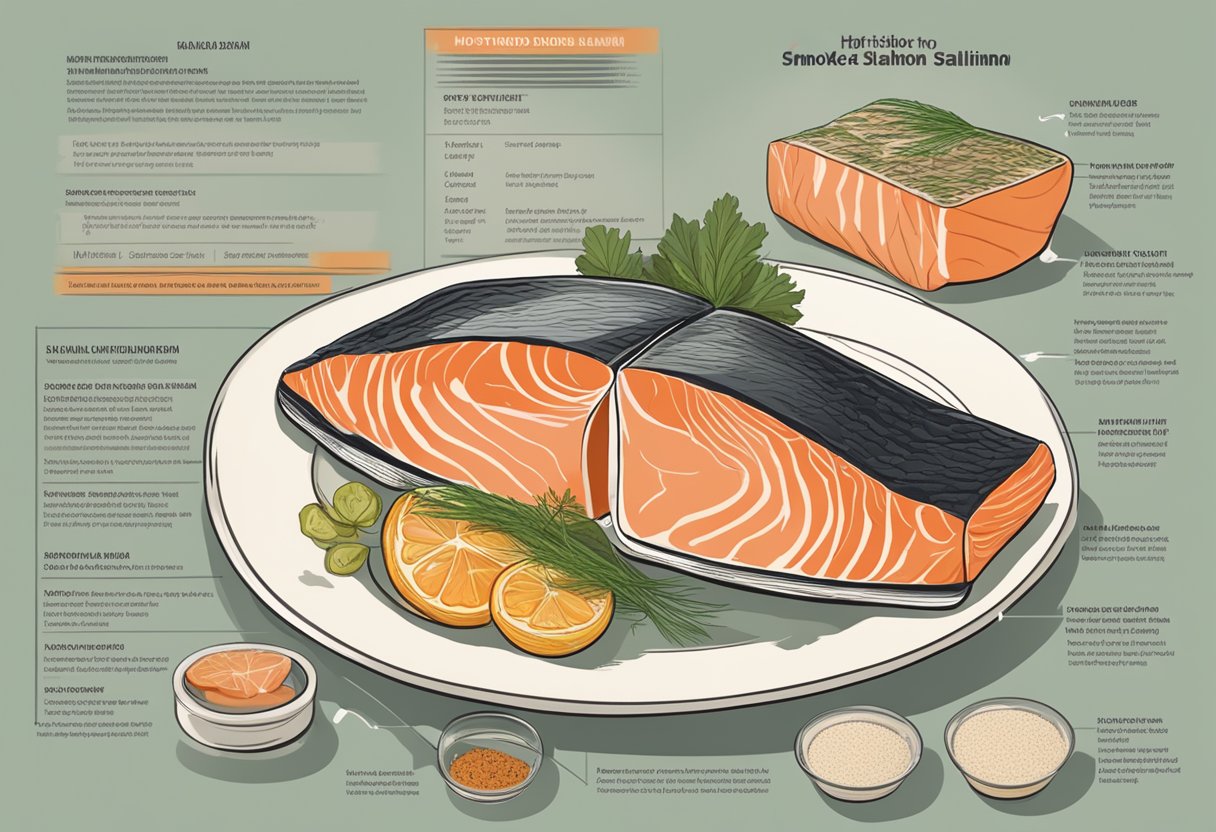 A plate of hot-smoked salmon with nutritional information and health benefits displayed next to it