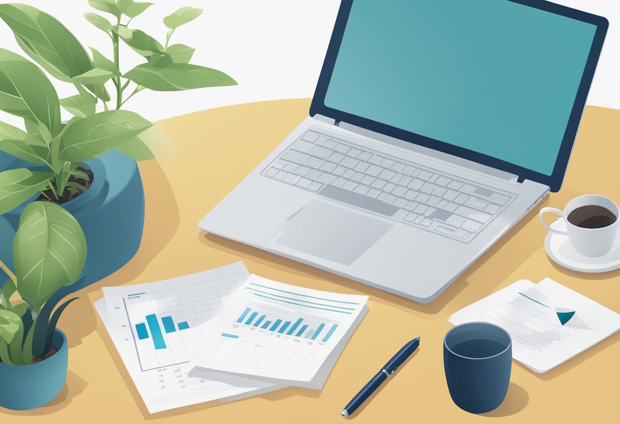 A table with a laptop, pen, and paper. A stack of sustainability reports. A globe and plant in the background