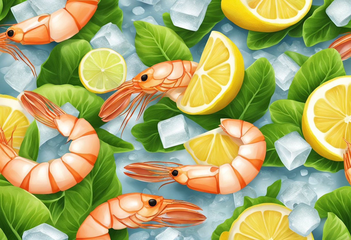 A pile of fresh shrimp sits on a bed of ice, surrounded by vibrant green lettuce leaves and colorful lemon slices