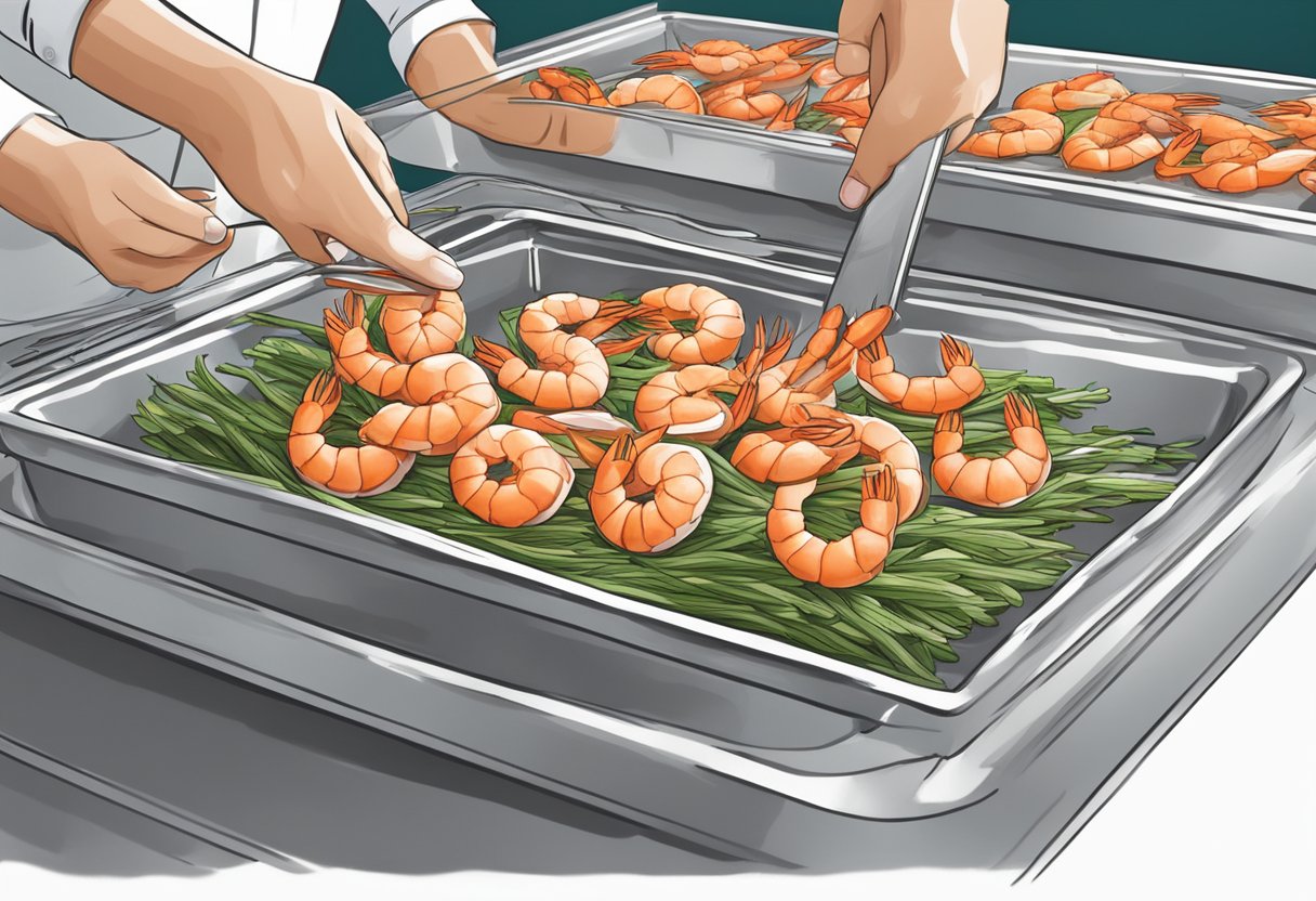 Fresh shrimp being handled and prepared for cooking, emphasizing their freshness and sustainability