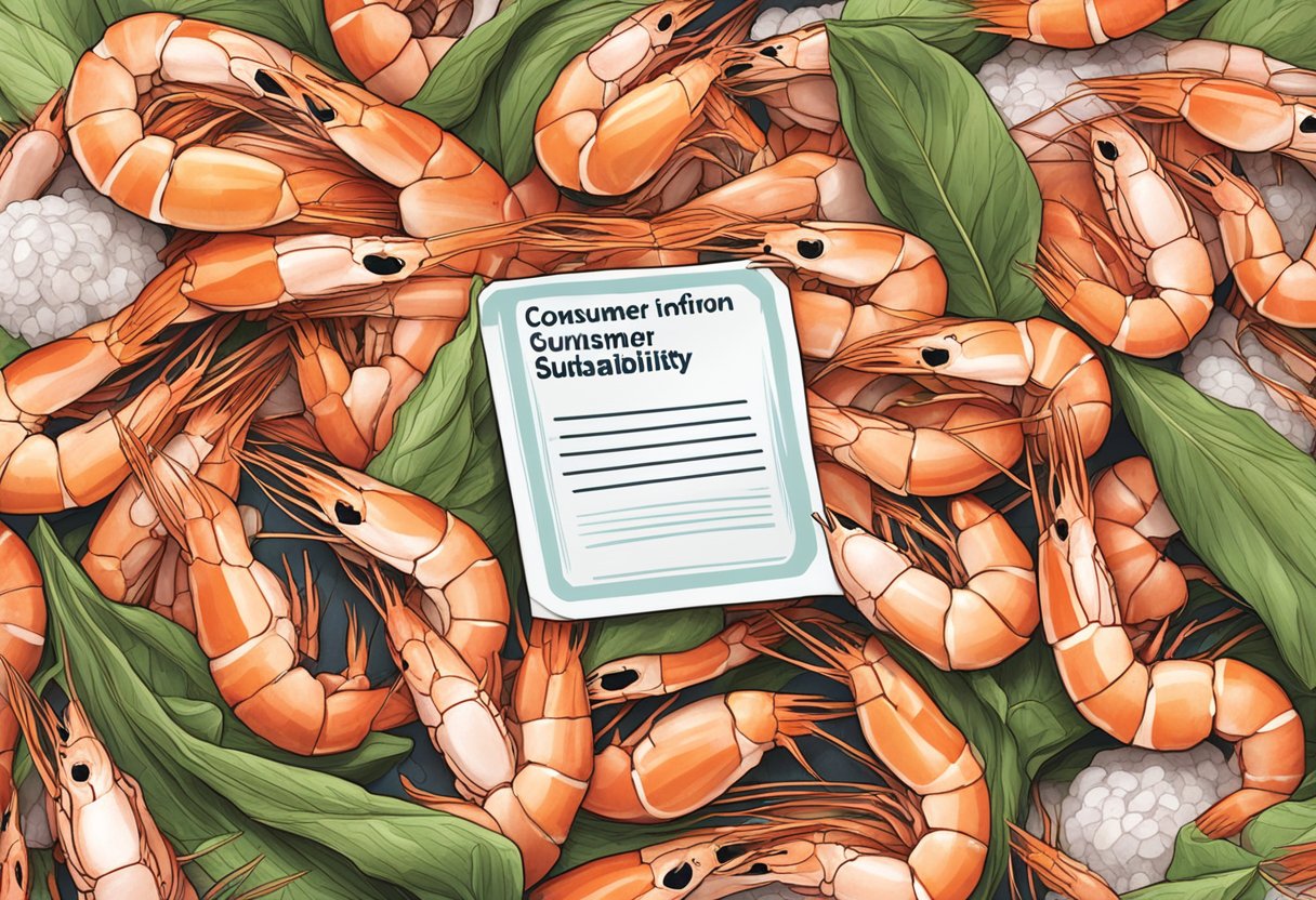 A pile of fresh shrimp with a label "Consumer information sustainability" displayed prominently