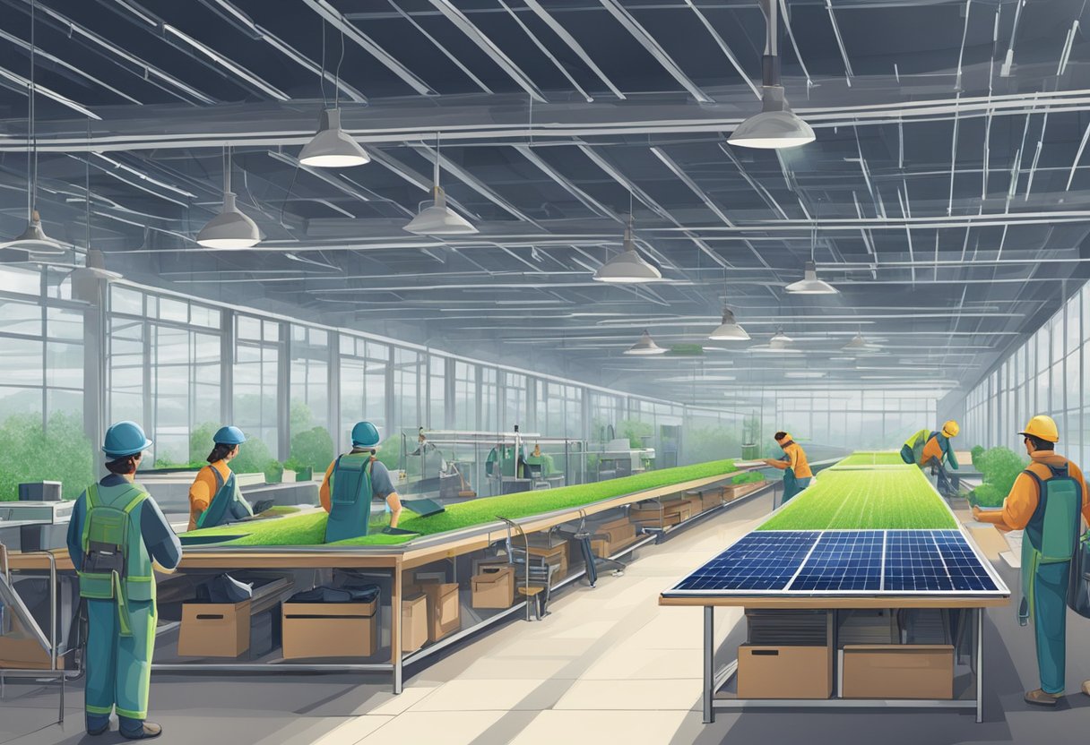 A clothing factory with eco-friendly materials and workers. Machinery hums as solar panels gleam on the roof