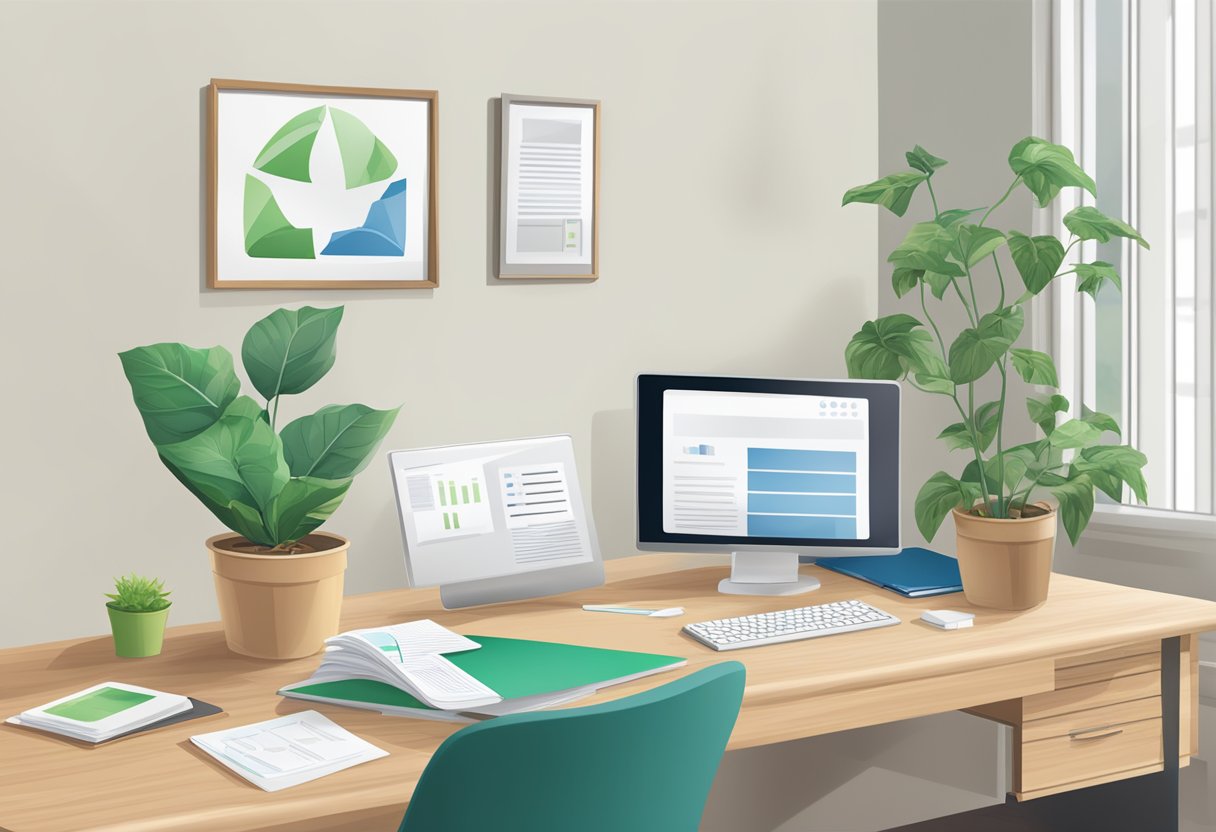 A desk with a computer, papers, and a sustainability report. A potted plant and a recycling bin in the background