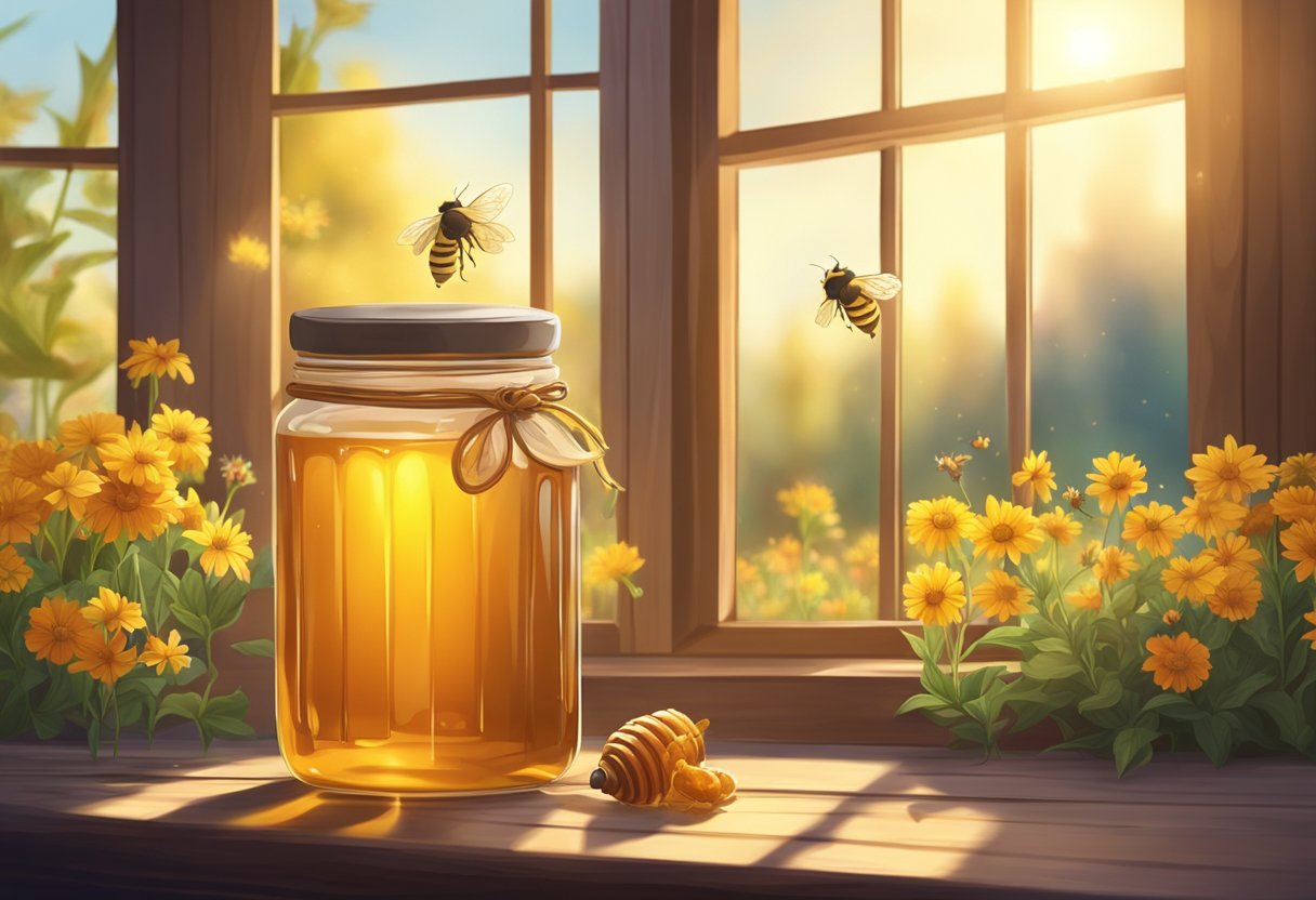 A jar of honey sits on a wooden table, surrounded by wildflowers and bees. The sunlight filters through the window, casting a warm glow on the scene