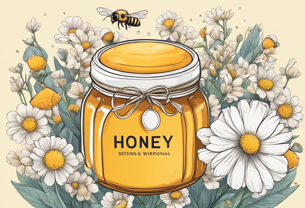 A jar of honey surrounded by blooming flowers and buzzing bees, symbolizing the sustainability and benefits of using honey