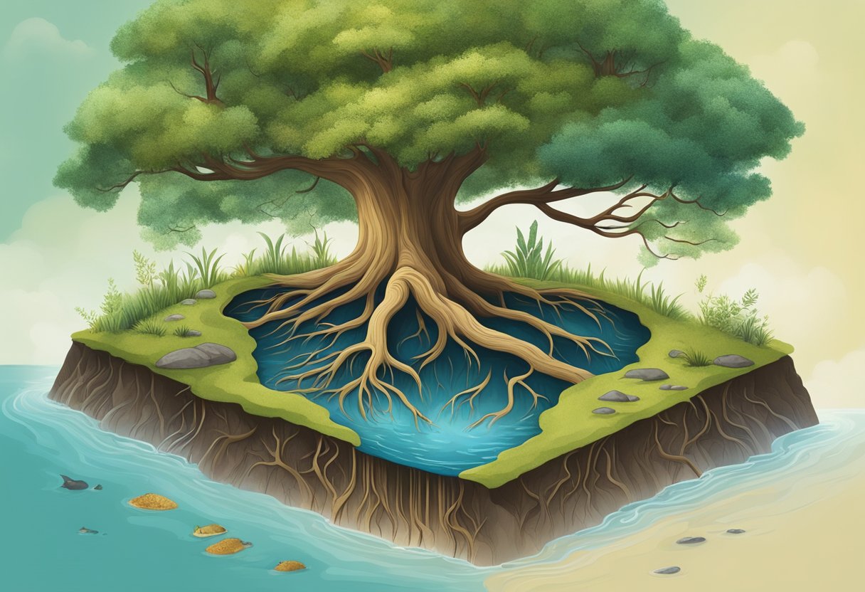 A tree with roots deep in the ground, surrounded by diverse wildlife and clear flowing water, symbolizing sustainability principles