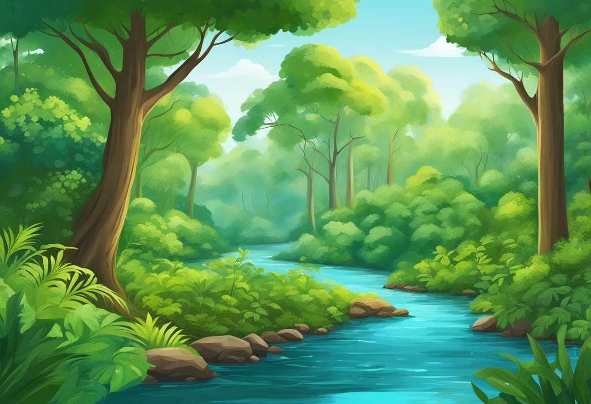 A lush green forest with diverse flora and fauna, a clear flowing river, and a bright blue sky overhead, representing sustainability and environmental preservation