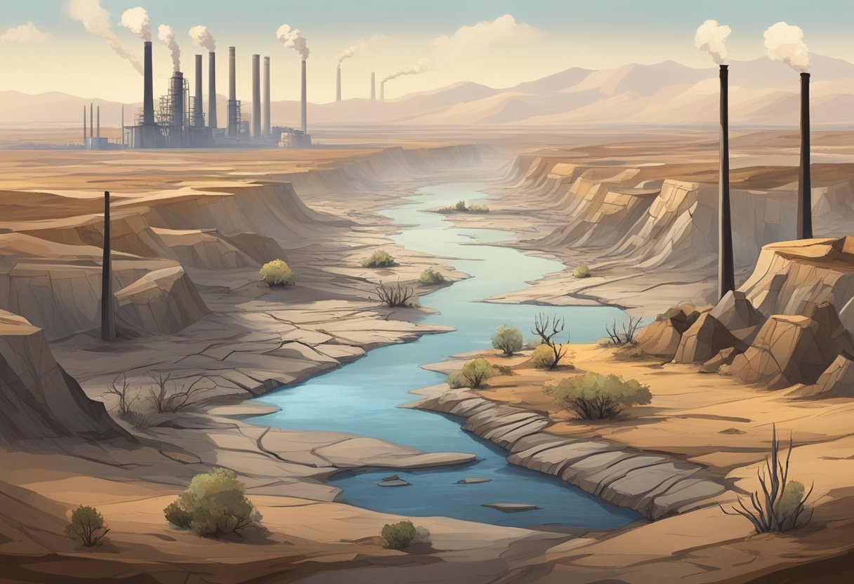 A barren landscape with cracked earth, wilted plants, and a dried-up riverbed, surrounded by smokestacks emitting pollution into the air