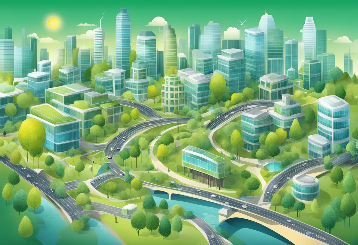 A thriving city with green spaces, renewable energy sources, and efficient public transportation, addressing environmental challenges with sustainable solutions