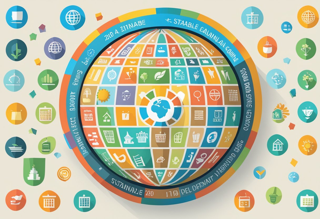 A globe surrounded by icons representing the Sustainable Development Goals with a calendar showing the year 2030 in the background