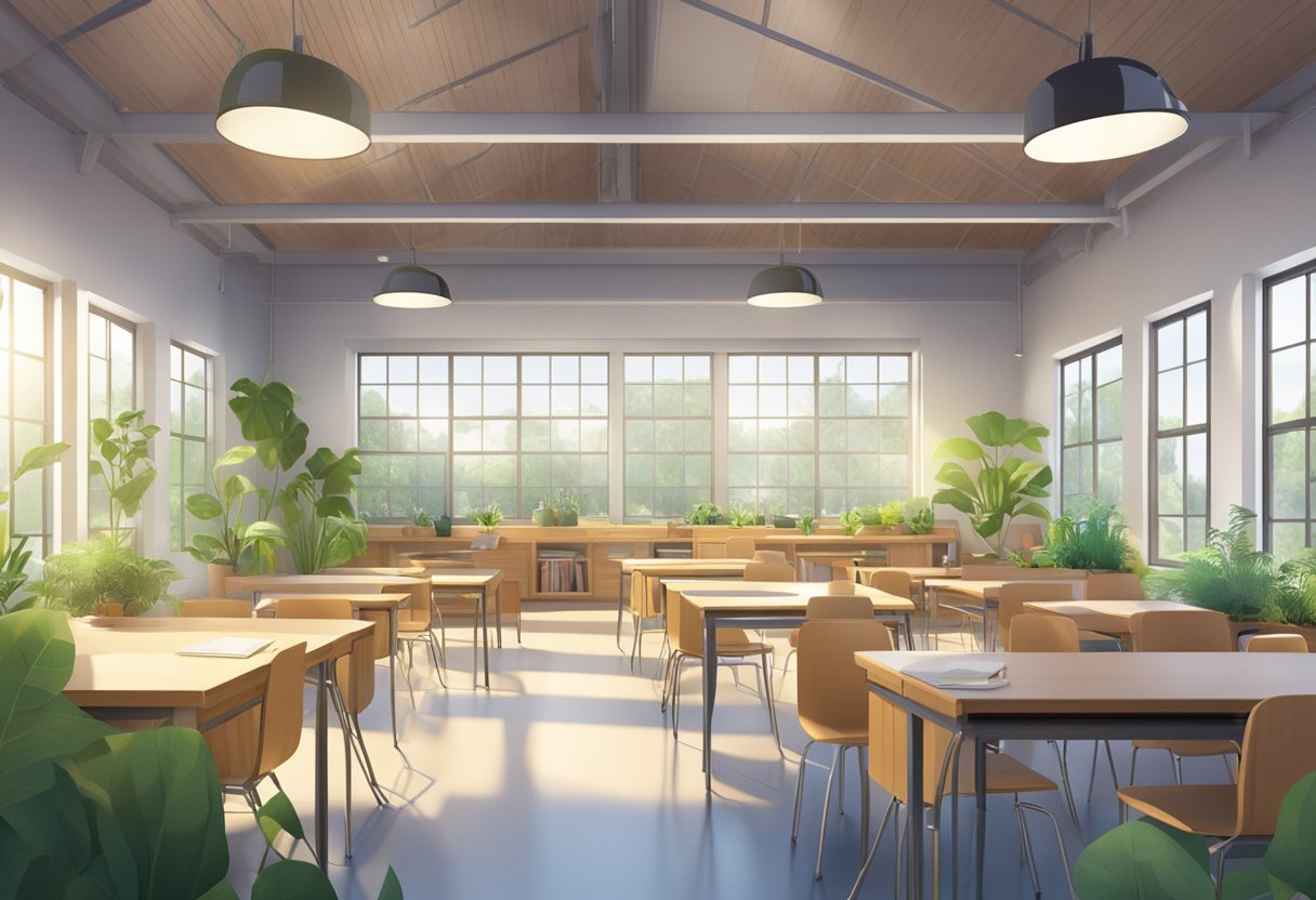 A classroom with sustainable materials, recycling bins, and green plants. Bright natural light streams in through large windows, illuminating the space