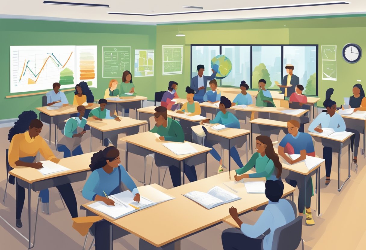 A bustling classroom with students engaged in discussions and taking notes, surrounded by charts and diagrams illustrating sustainability concepts