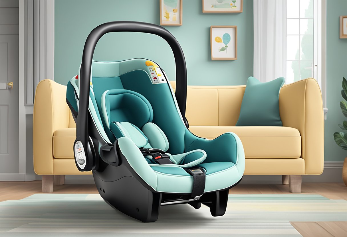 A durable baby car seat is placed on a sturdy base, with safety straps secured and a soft cushioned interior for comfort