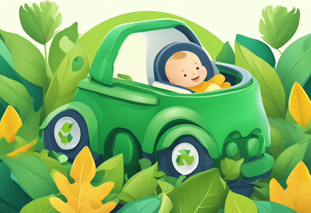 A baby car seat placed in a recycling symbol, surrounded by green leaves and a growing plant, representing sustainability and lifecycle