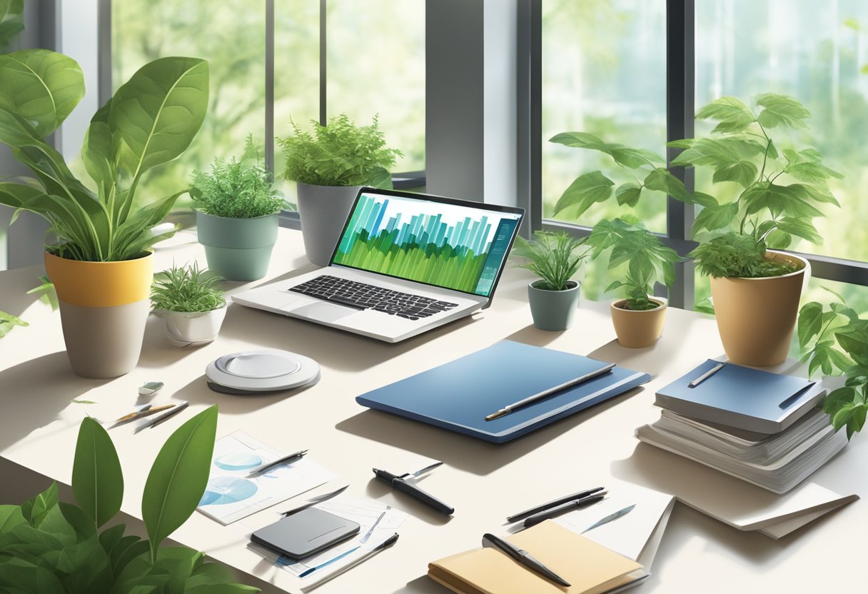 A table with various tools and strategies for sustainability integration in business, surrounded by green plants and natural light