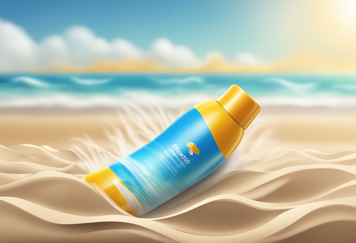 A sunscreen bottle on a sandy beach, with waves in the background and a clear blue sky above