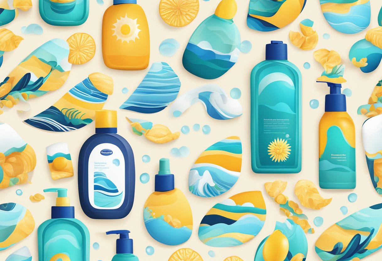 A beach scene with sunscreen bottles and ocean waves, showcasing the properties and sustainability of sunscreen