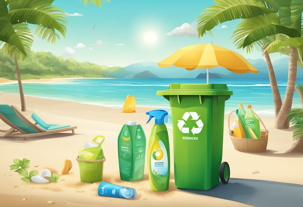 A sunny beach with eco-friendly sunscreen and recycling bins for a sustainable environment