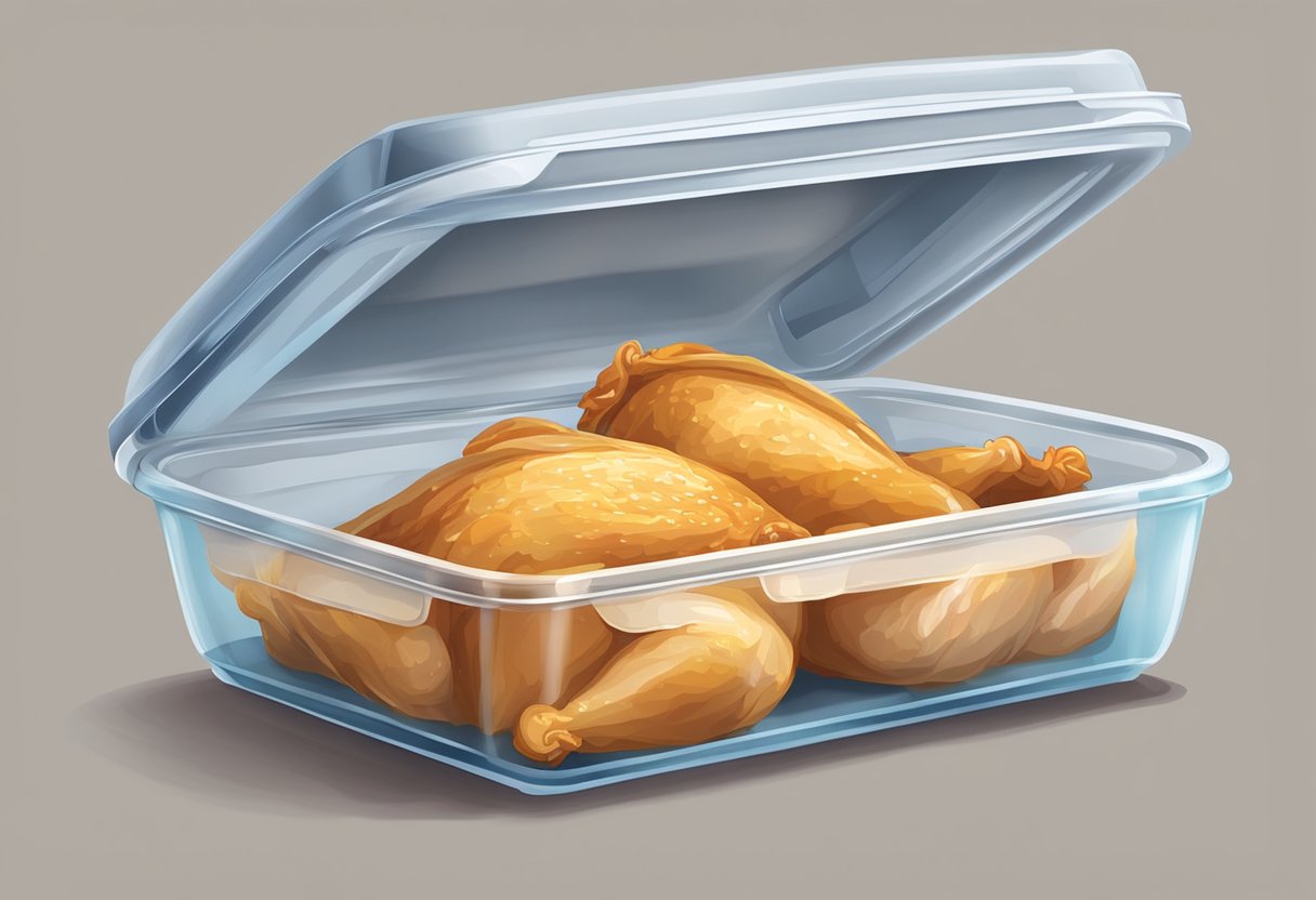 A sealed container of cooked chicken stored in a refrigerator