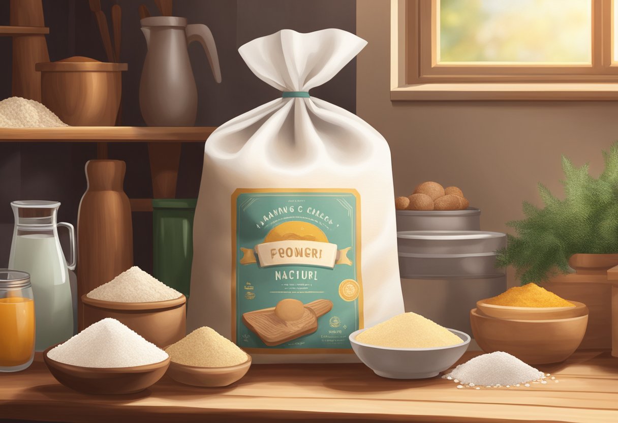 A bag of flour sits on a wooden shelf, surrounded by other baking ingredients. The room is warm and cozy, with soft natural light streaming in through a nearby window