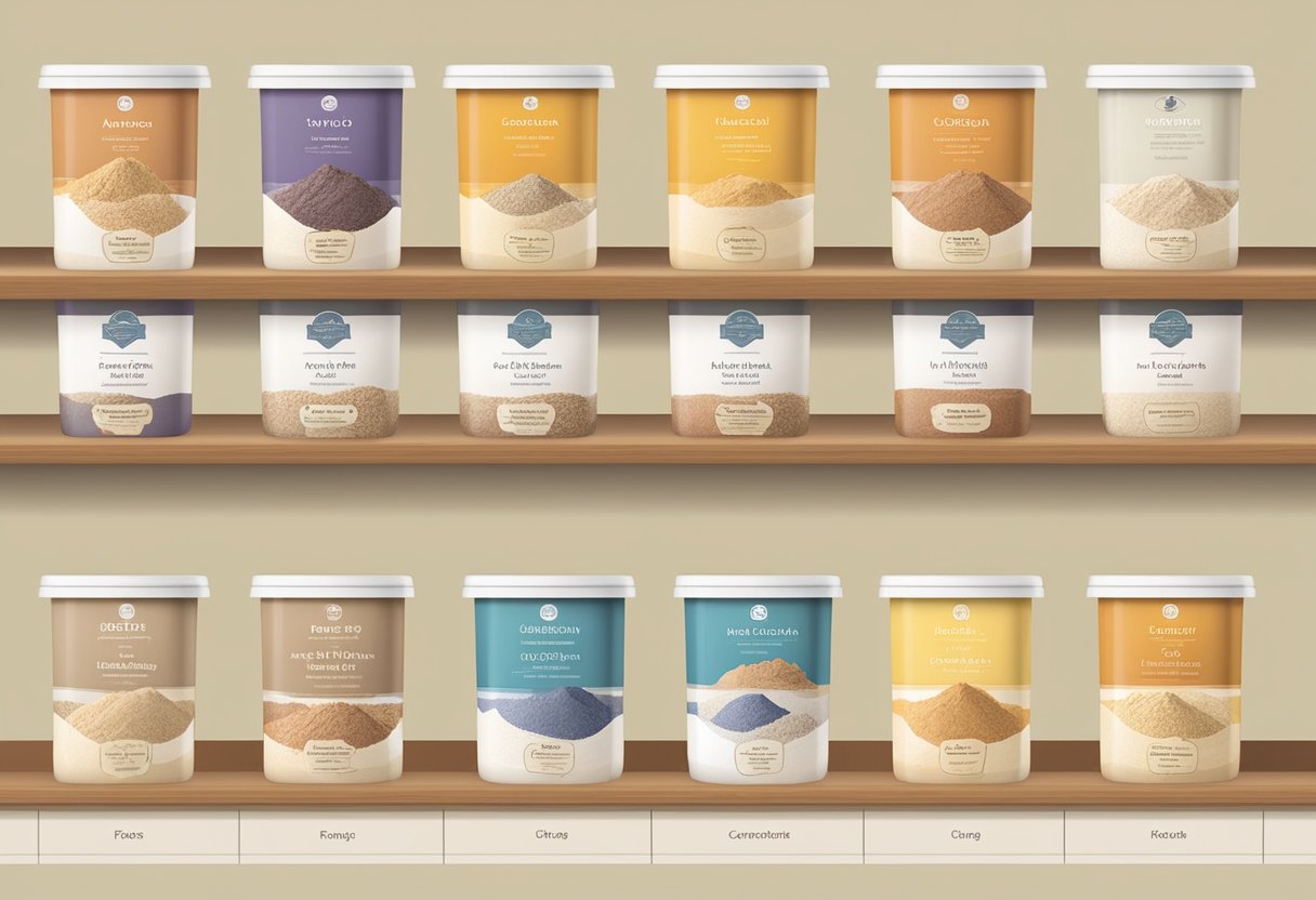 A variety of flours displayed with labels indicating specific properties and shelf life