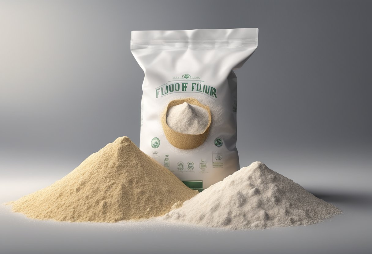 A bag of flour surrounded by various environmental factors, such as temperature, humidity, and exposure to light, affecting its shelf life