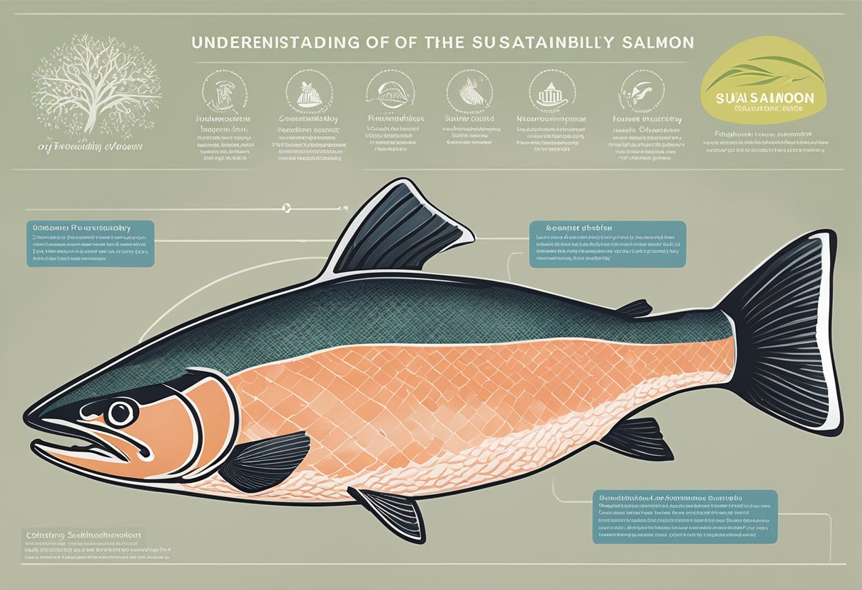 A frozen salmon labeled "Understanding the Sustainability of Salmon" with sustainability logos and information on packaging