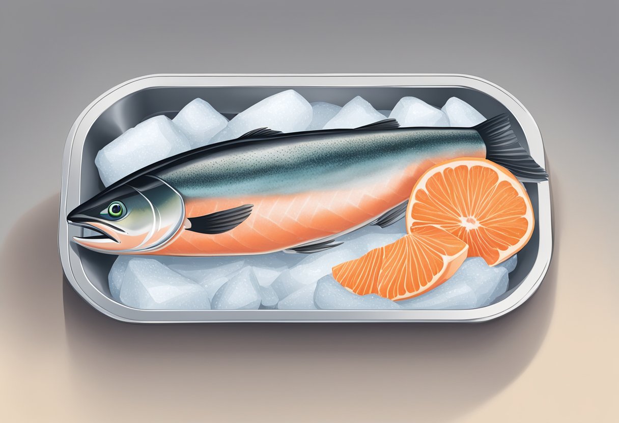 A frozen piece of salmon is being removed from a labeled package and placed on a thawing tray