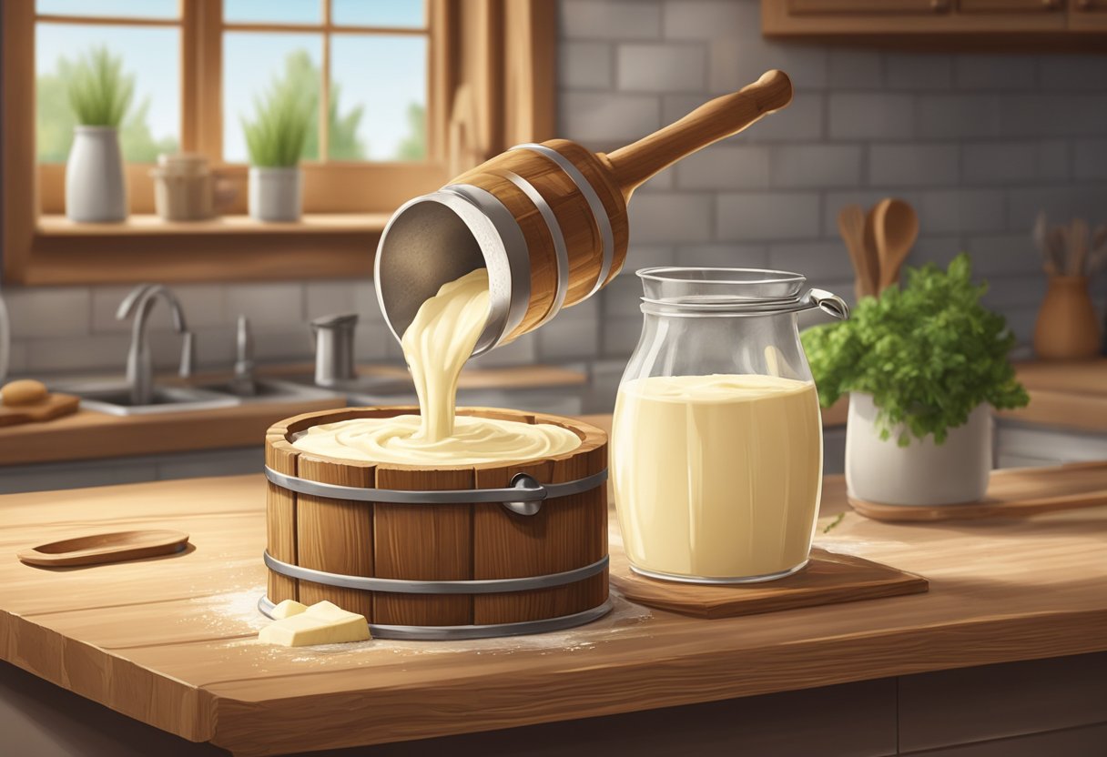 A wooden churn sits on a rustic kitchen counter. Fresh cream is being poured into it, ready to be churned into homemade butter