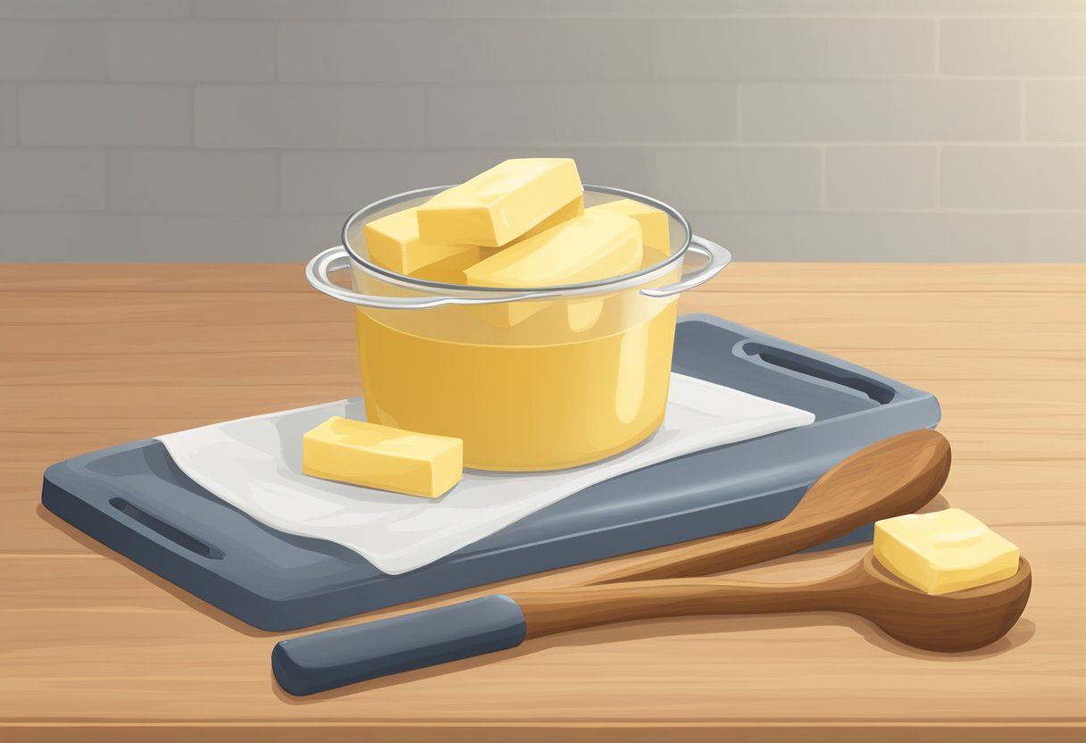 A stick of butter sits on a wooden cutting board next to a mixing bowl and a whisk, ready for use in cooking and baking