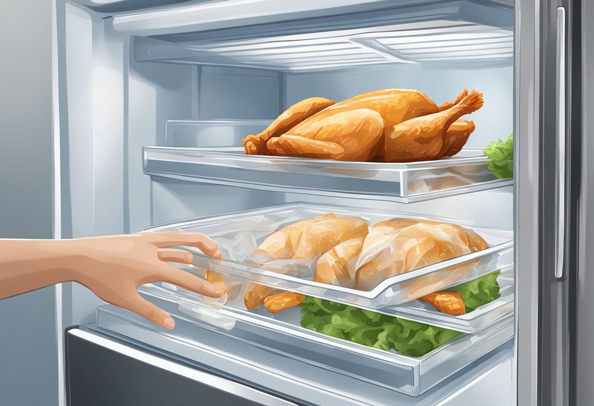 A hand reaches for a thawed chicken in a clean, organized kitchen fridge. The chicken is wrapped in plastic and placed on a shelf, with a clear expiration date label